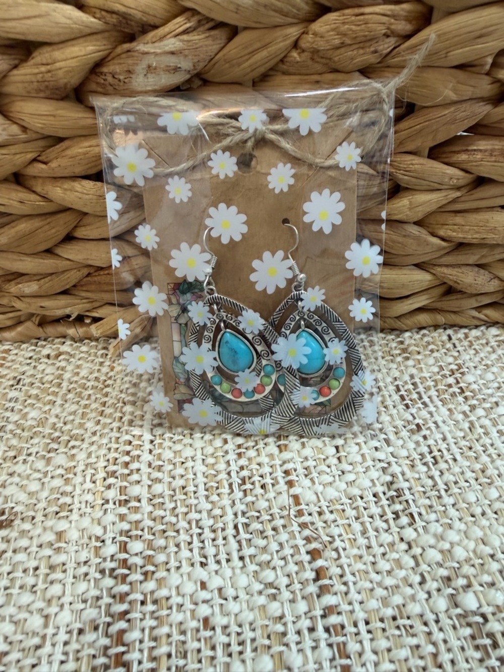 Boho Teardrop Turquoise Multicolor Stone Dangle Earrings - Picture 10 of 10